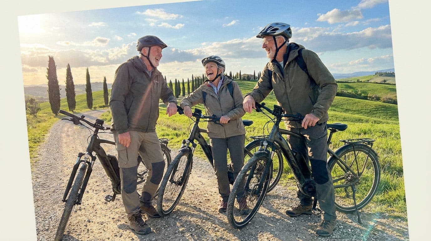Fietsers op elektrische fietsen tussen de heuvels en cipressen van Toscane