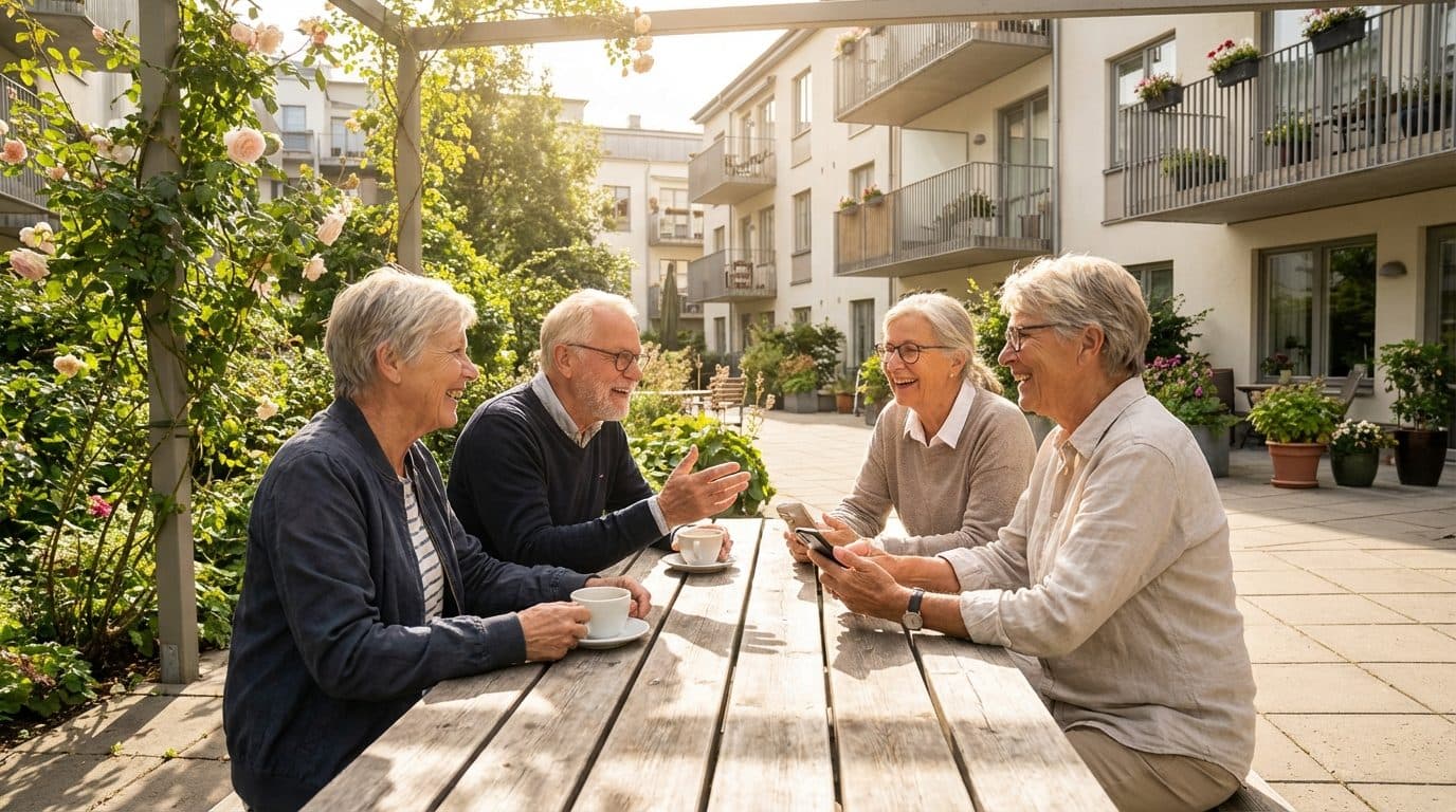 Buren drinken samen koffie in de gemeenschappelijke binnentuin van een hofje