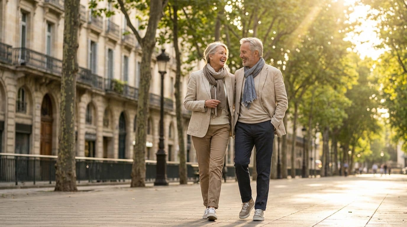 Twee wandelaars in een autovrije Europese binnenstad tijdens een stedentrip