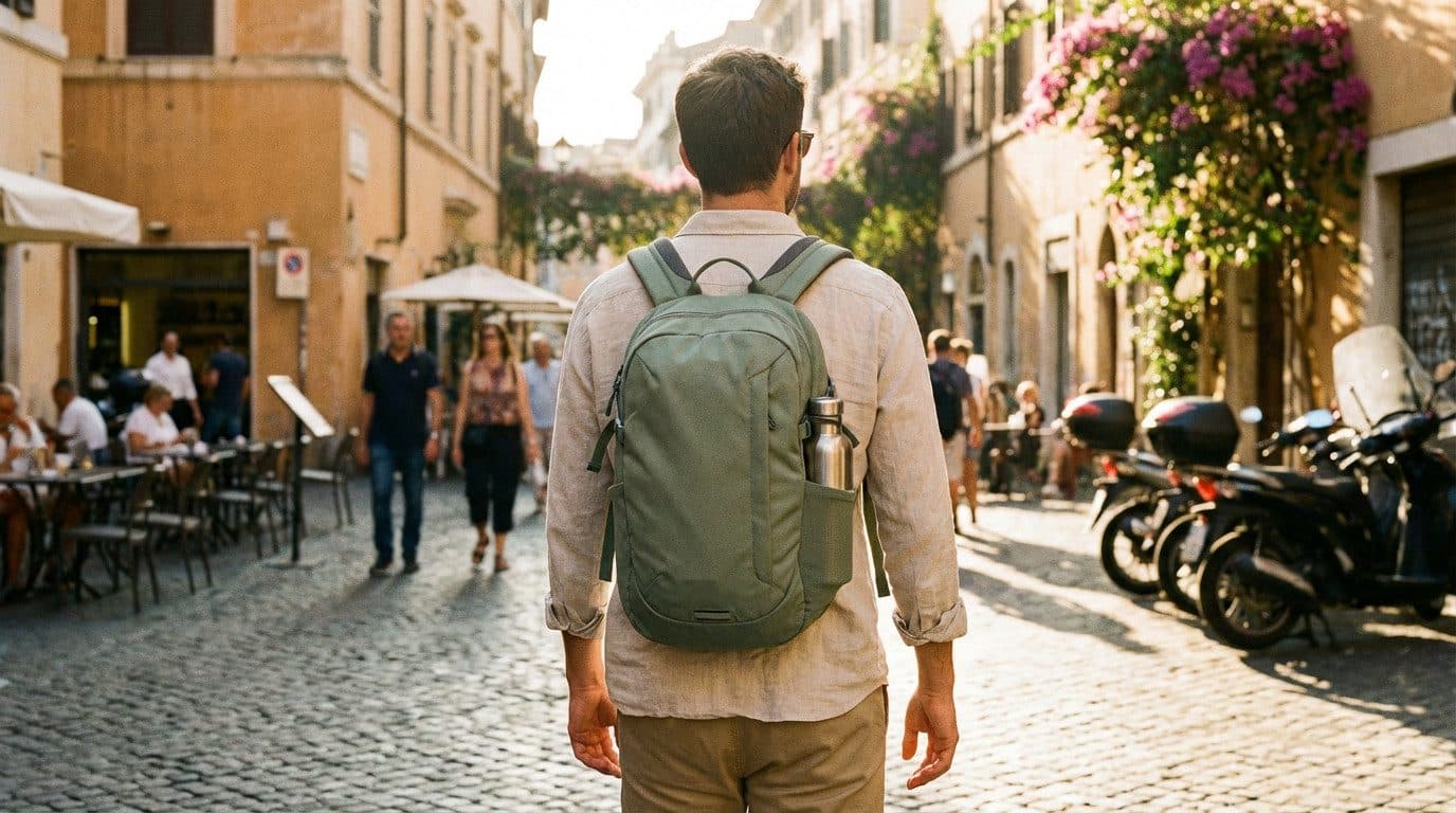 Ergonomische dagrugzak met heupband, klaar voor een dag lopen door de stad