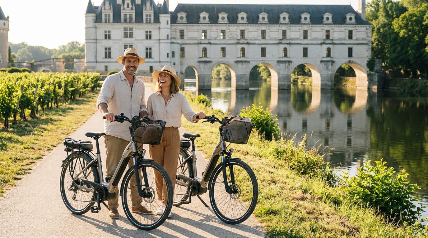 Fietsers op een vlak pad langs kasteel Chenonceau in de Loirevallei