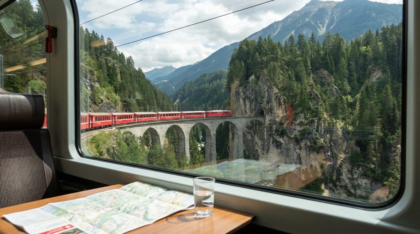 Trein rijdt over het Landwasserviaduct in Zwitserland, onderdeel van de Grand Train Tour