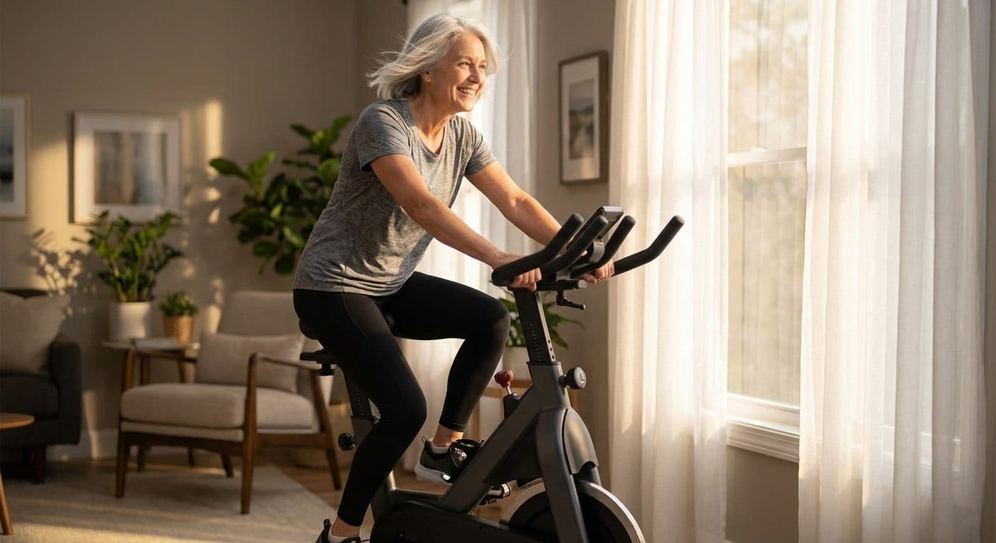 Hometrainer met een lage instap in een woonkamer, klaar voor gebruik