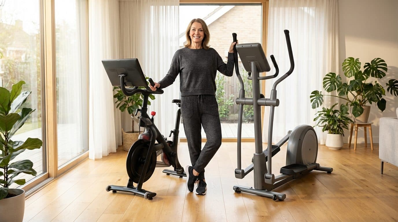 Hometrainer en crosstrainer naast elkaar in een lichte fitnessruimte thuis