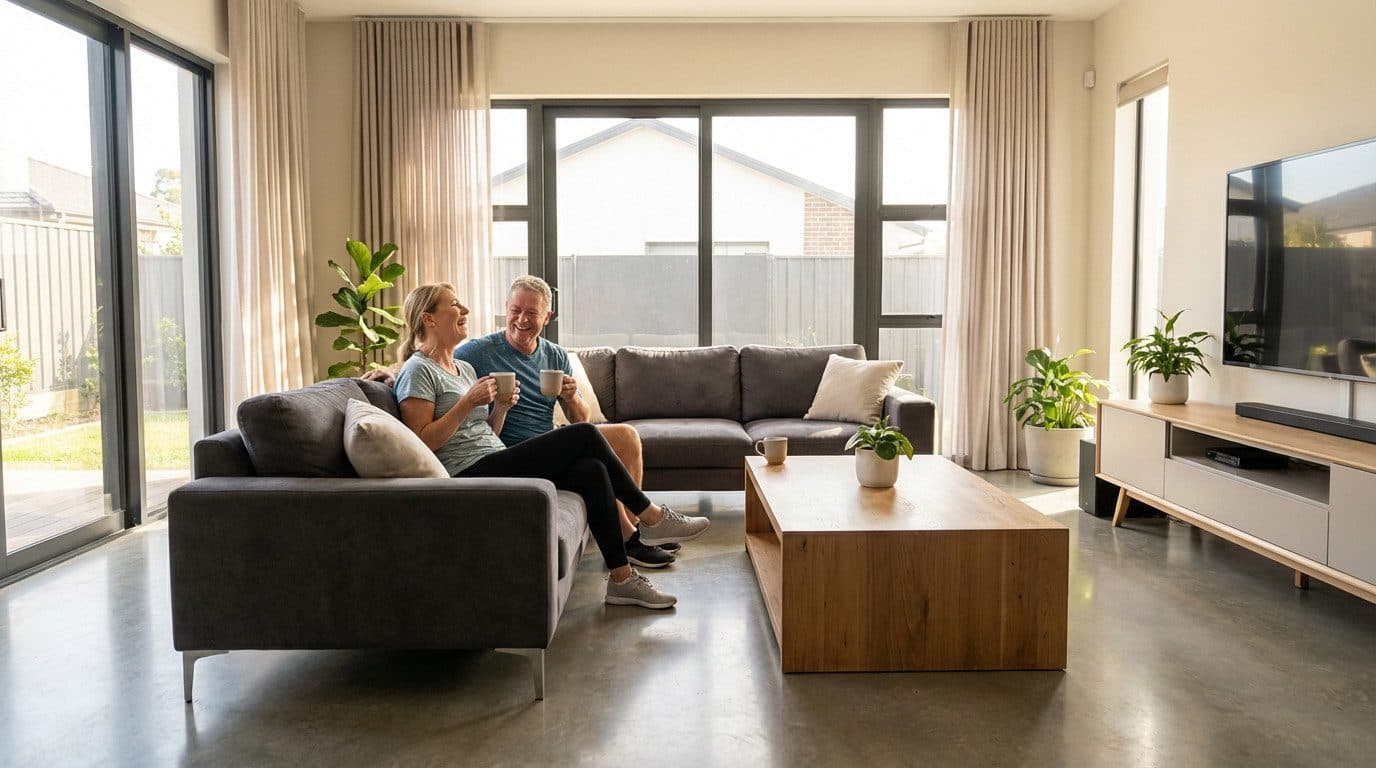 Lachend koppel in een moderne, open woonkamer na een verbouwing