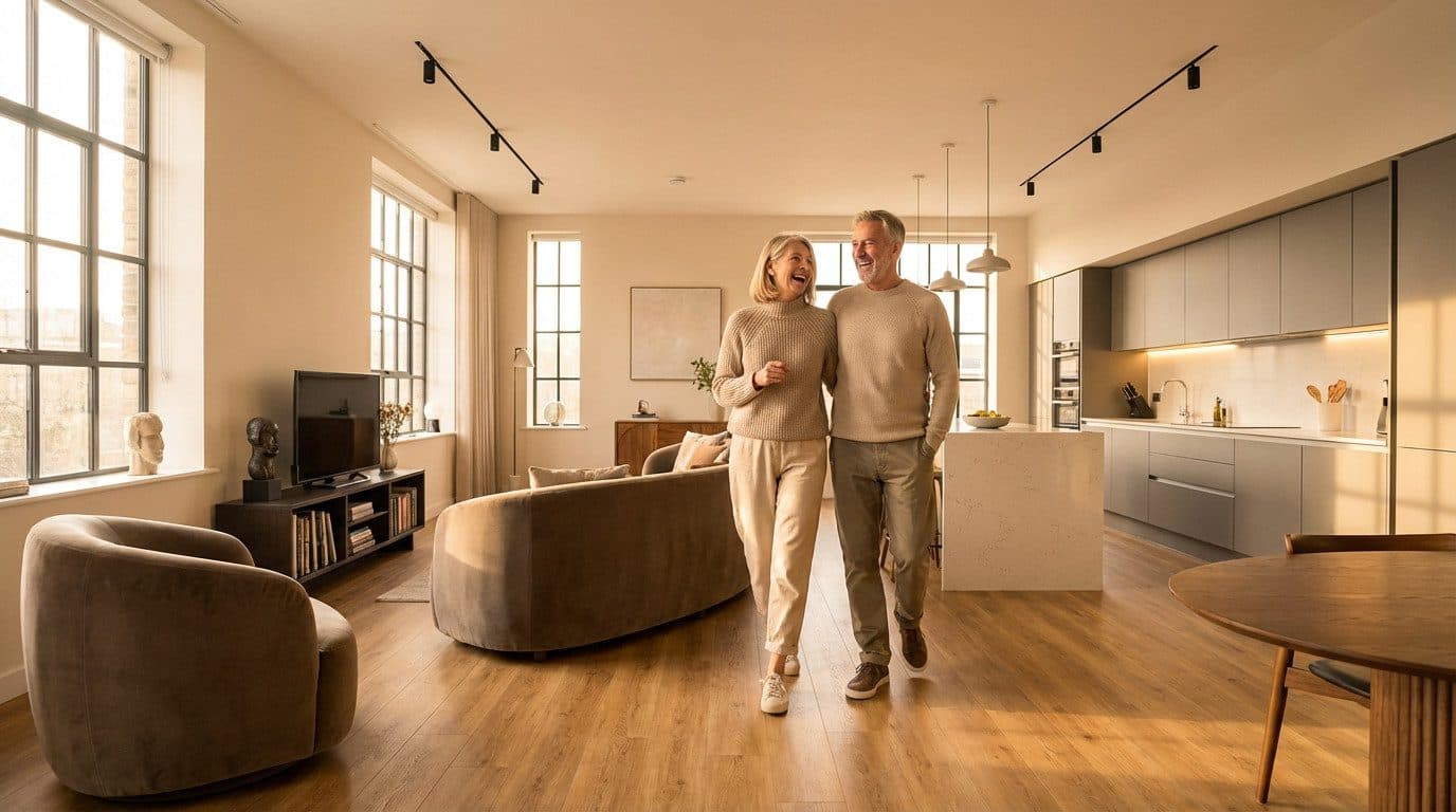 Drempelloze pvc-vloer die doorloopt van gang naar woonkamer in een modern interieur