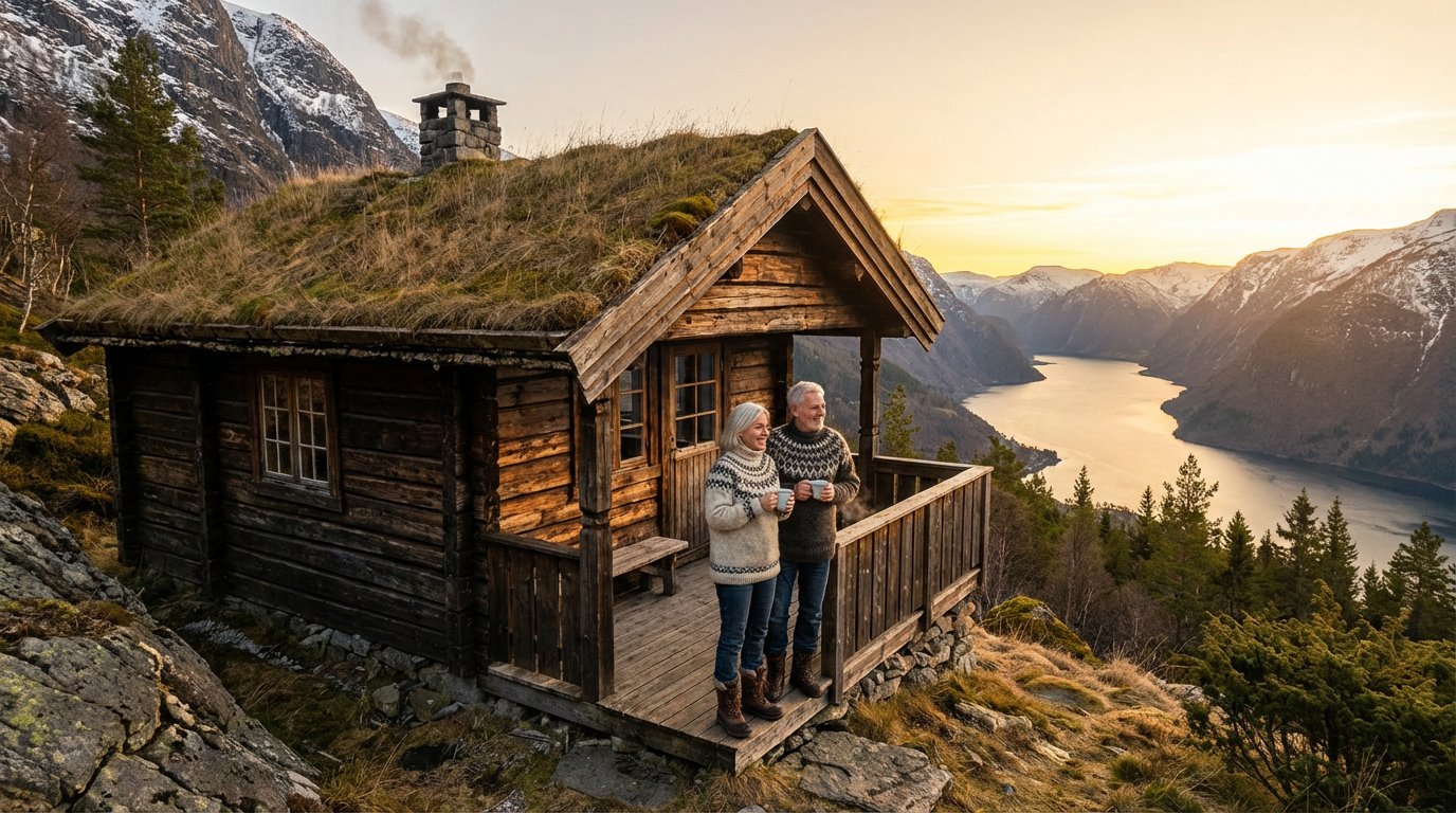 Noorse blokhut met grasdak en uitzicht over een fjord
