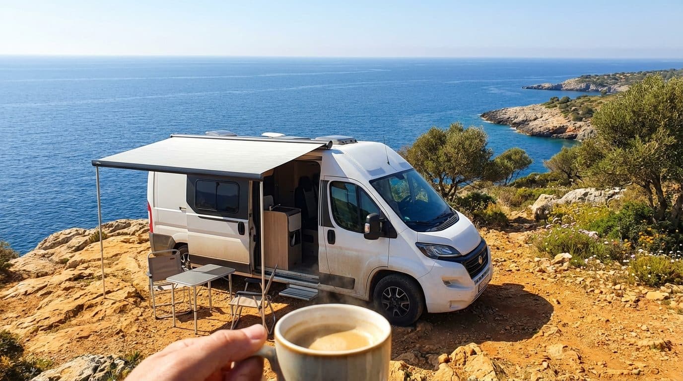 Camper op een standplaats aan de Spaanse kust tijdens de winter