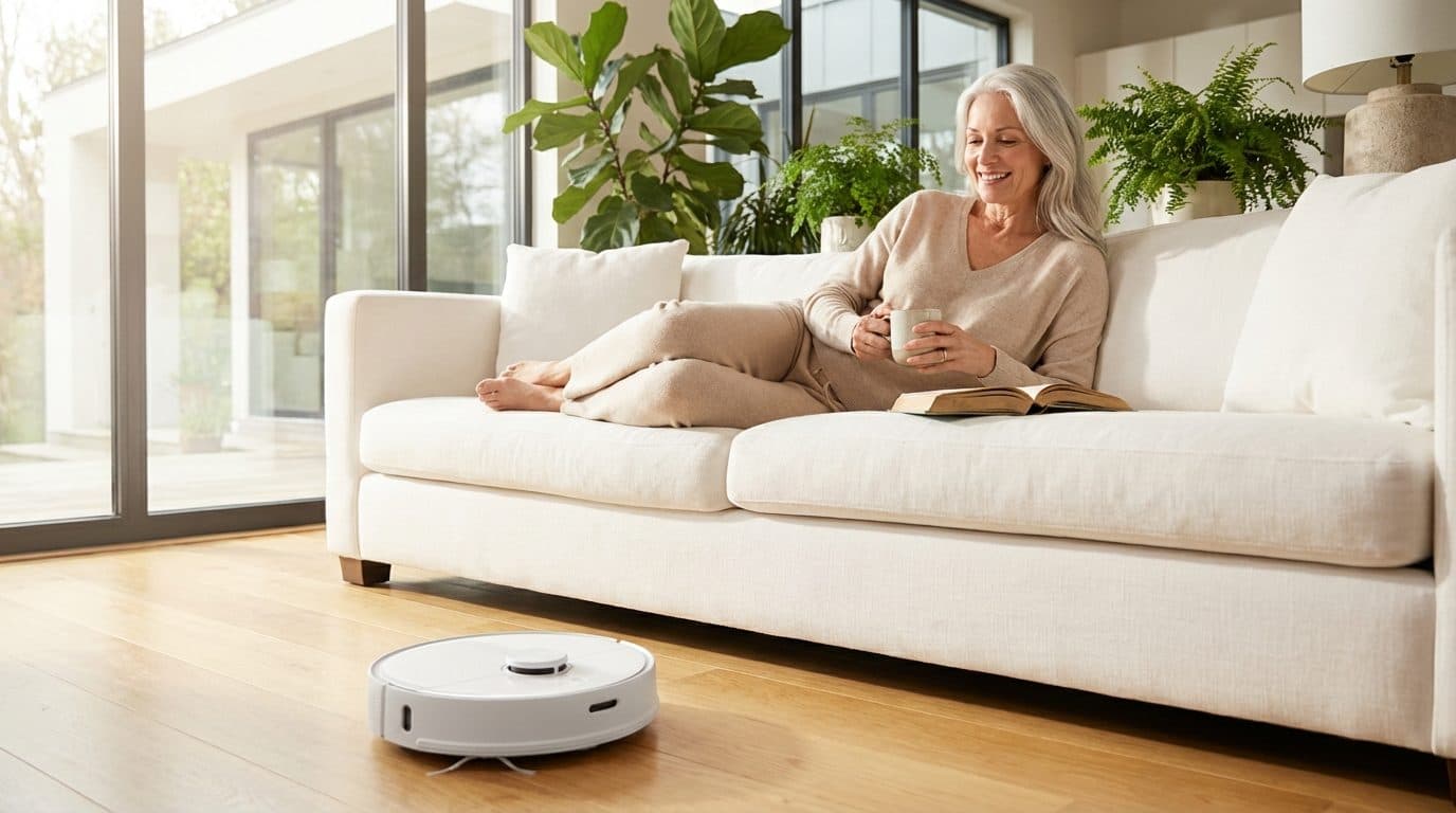 Robotstofzuiger rijdt onder een bank door, zodat bukken en tillen niet meer nodig is
