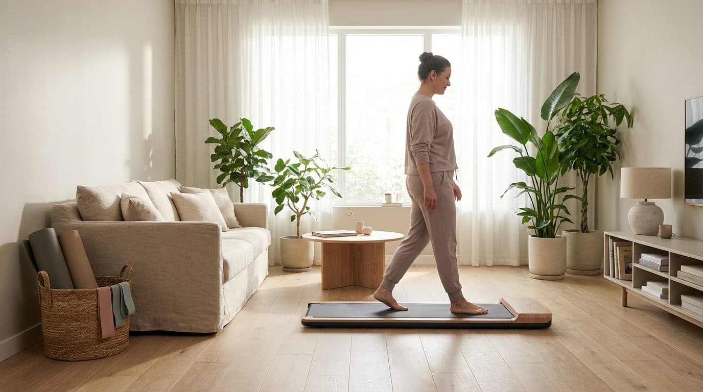 Opklapbare loopband in een klein appartement, opgesteld naast de bank