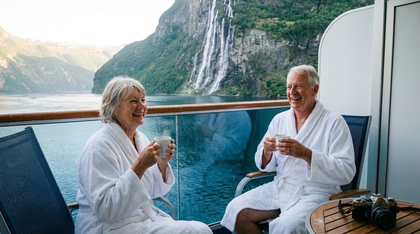 Koppel drinkt koffie op een cruisebalkon met uitzicht op het Geirangerfjord