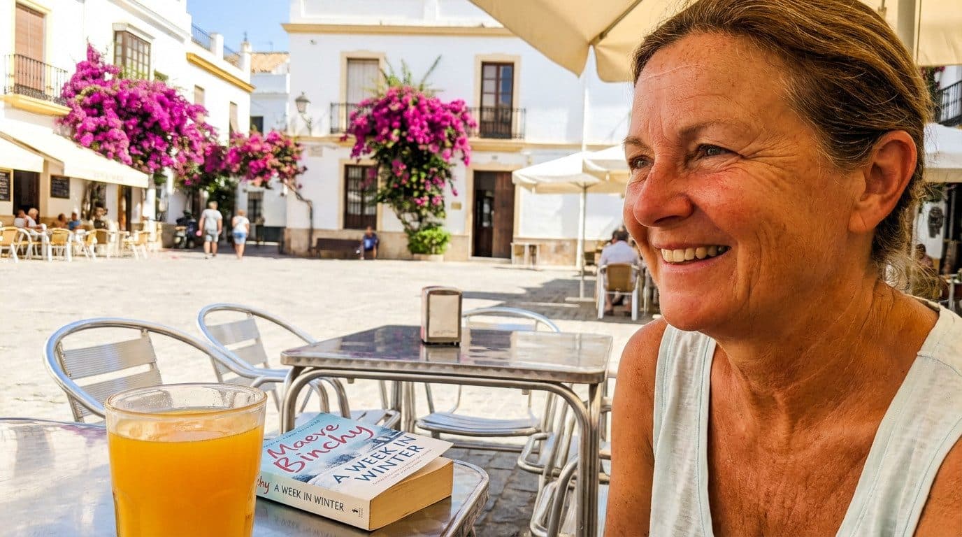 Vrouw alleen op een terras in Zuid-Europa met uitzicht op zee