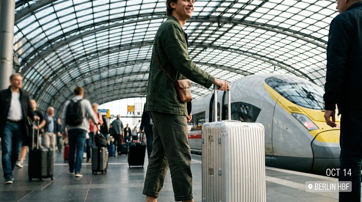 Lichte handbagage op een perron, klaar voor een treinreis zonder gesleep