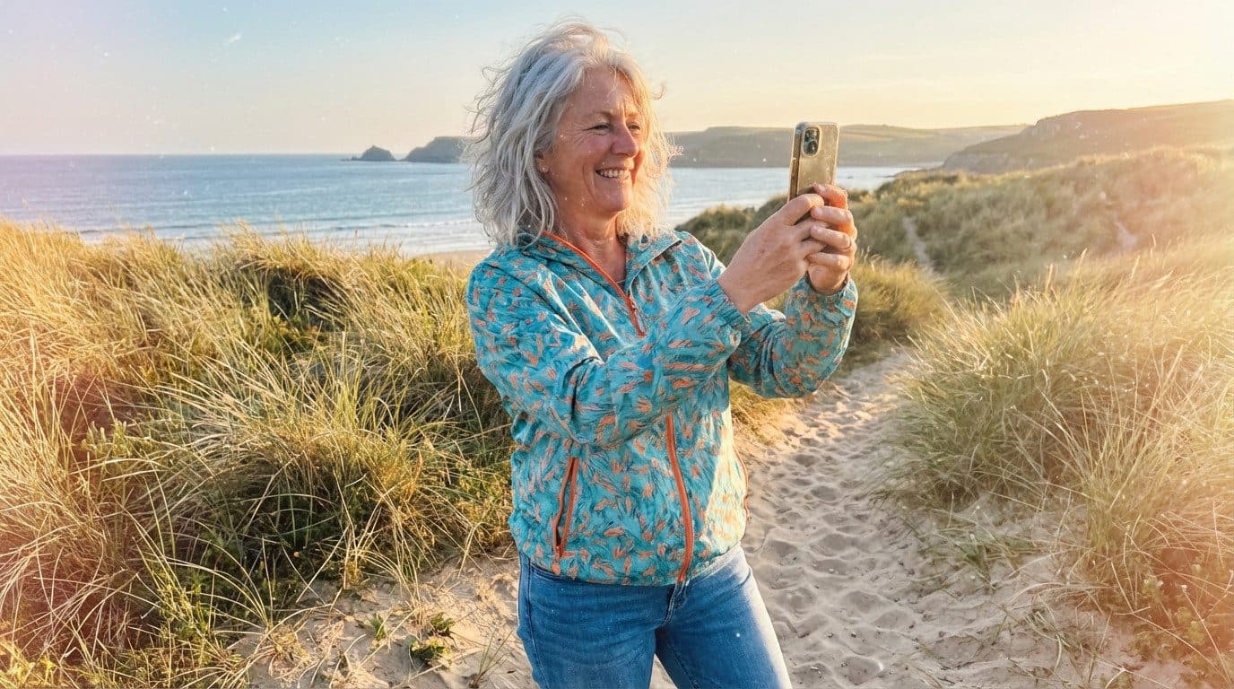 Vrouw fotografeert met haar smartphone in de duinen