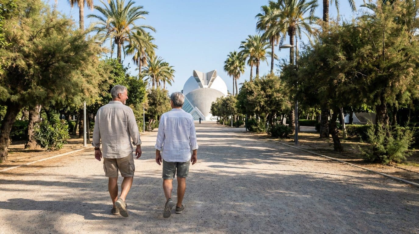 Wandelpad door de Turia-tuinen in Valencia met de Stad van Kunst en Wetenschap op de achtergrond