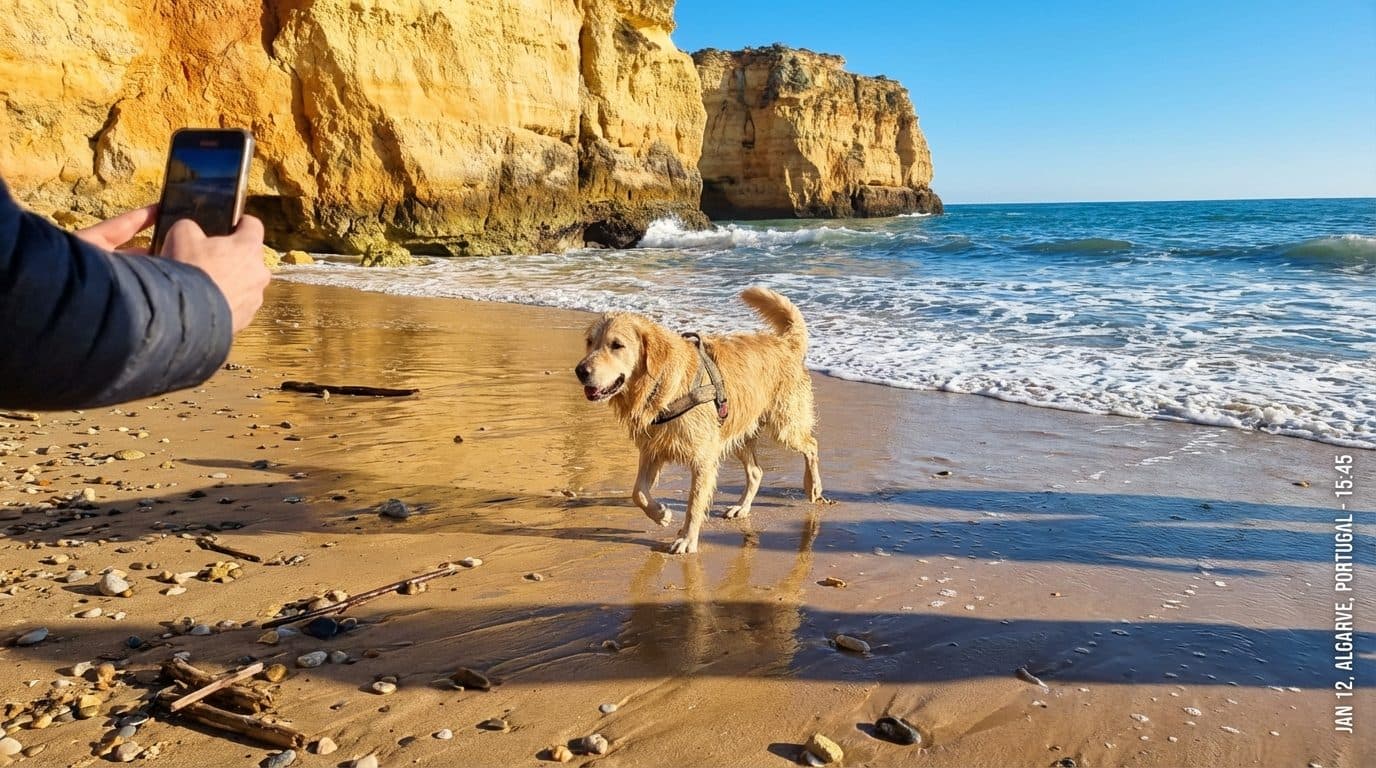 Hond op een breed strand aan de Algarve in Portugal