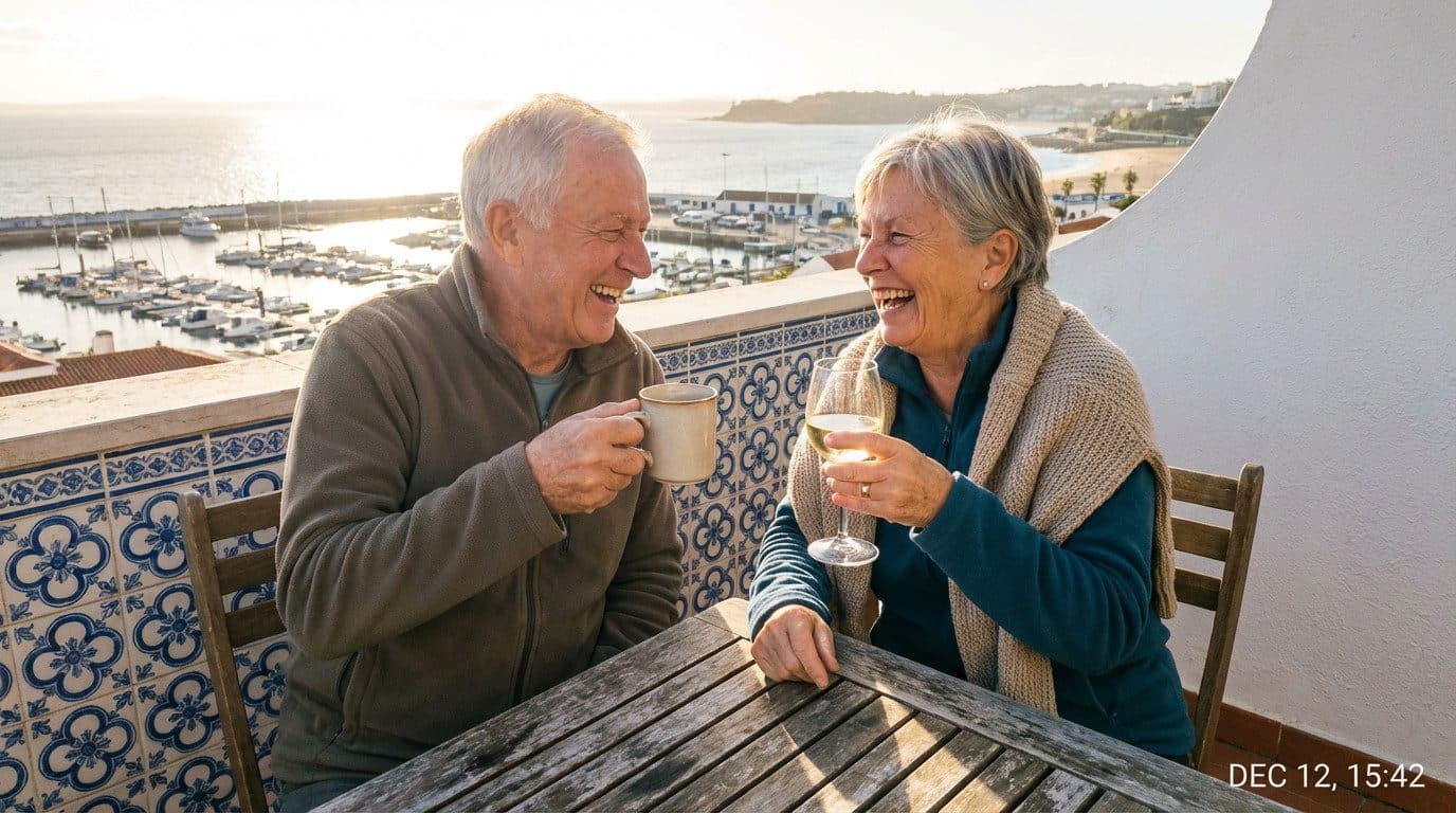 Terras aan de Algarve in de winterzon, met uitzicht over de Portugese kust