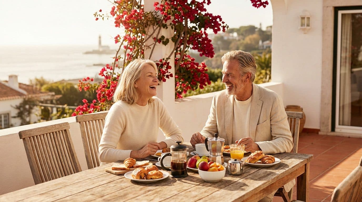Koppel ontbijt in de winterzon op het terras van een Portugese villa