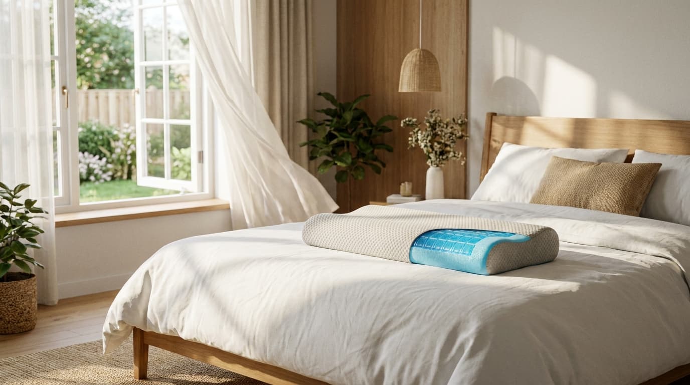 Opgemaakt bed bij een zonnig raam met een blauw koelkussen op het dekbed