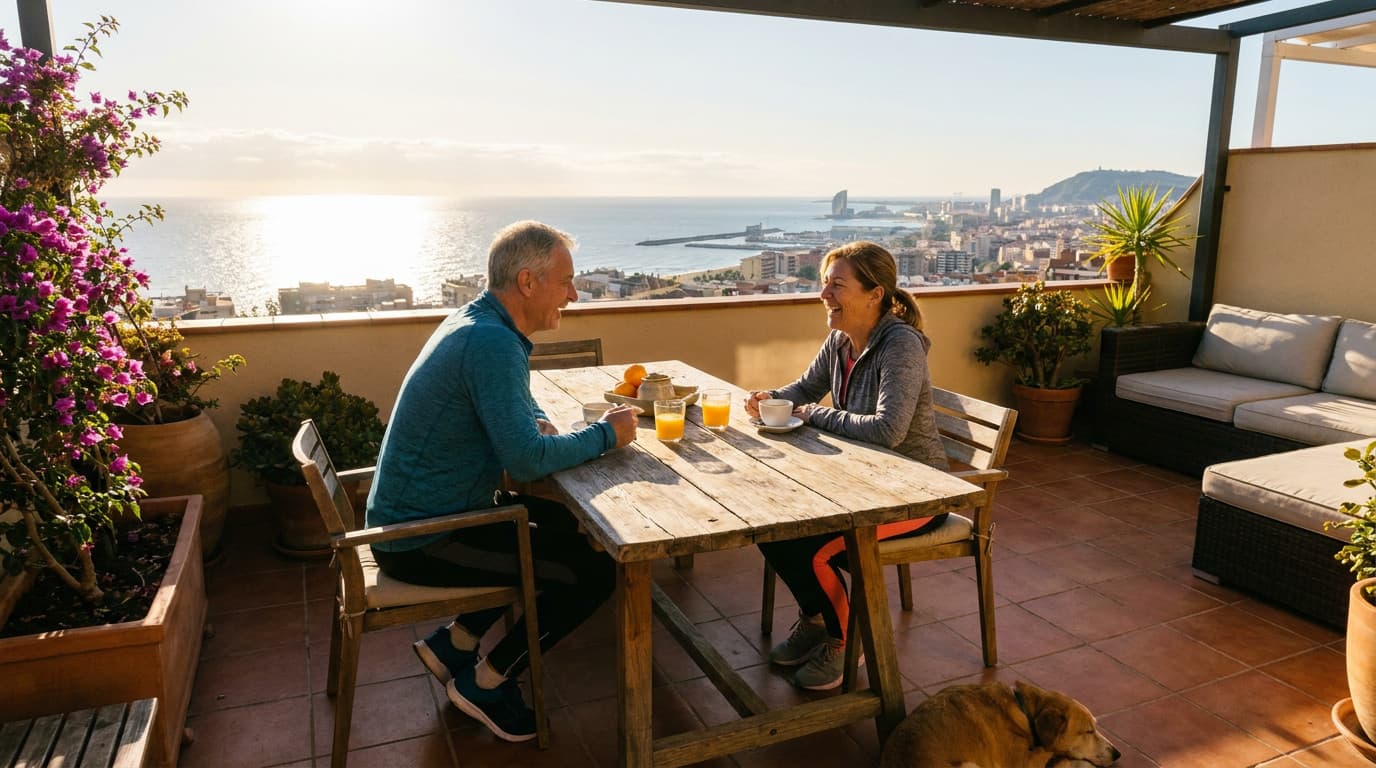 Twee mensen aan een houten tafel op een dakterras met uitzicht over een Spaanse havenstad