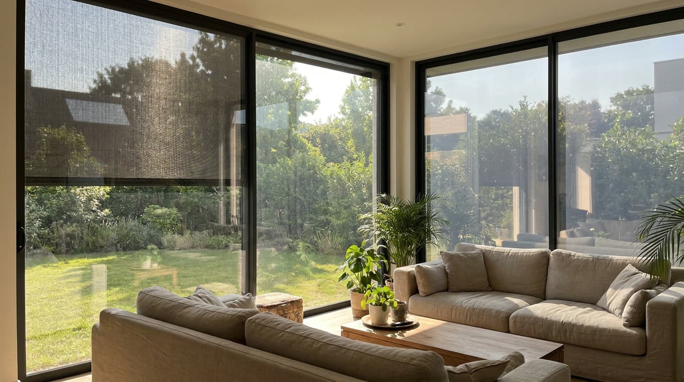 Woonkamer met glazen pui en buitenscreens voor de ramen, met uitzicht op een groene tuin