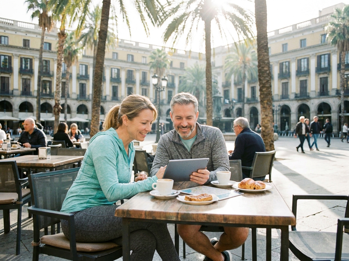 Glimlachend stel op een Spaans terras zoekt op een tablet uit wat overwinteren in Spanje kost.