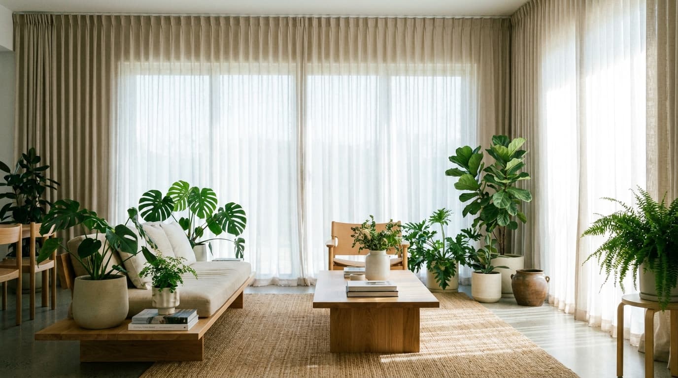 Woonkamer met lange lichte gordijnen voor hoge ramen en veel kamerplanten
