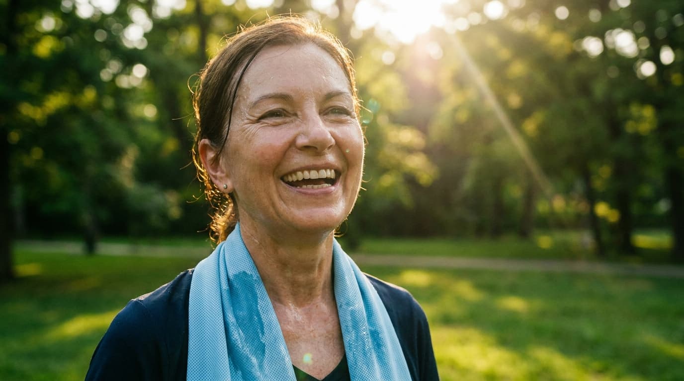 Lachende vrouw met een lichtblauwe koelende halsdoek om haar nek in een zonnig park
