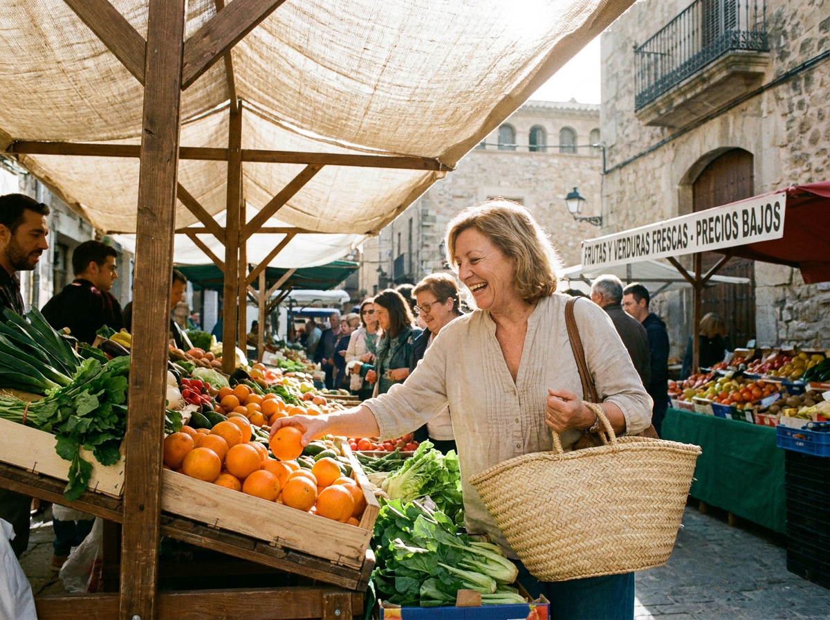Vrouw kiest sinaasappels op een zonnige markt, passend bij overwinteren Spanje of Portugal.