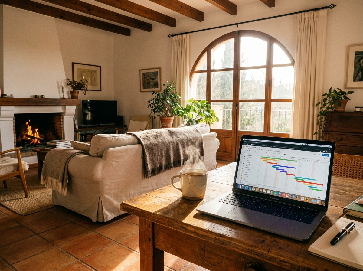 Laptop met planning op tafel in een zonnig Spaans appartement om te berekenen: wat kost overwinteren in Spanje.