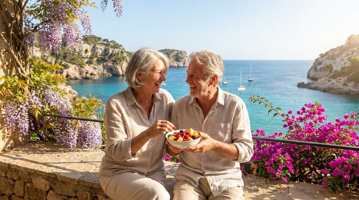 Koppel op een muurtje bij een baai met turquoise water en bloeiende bougainville